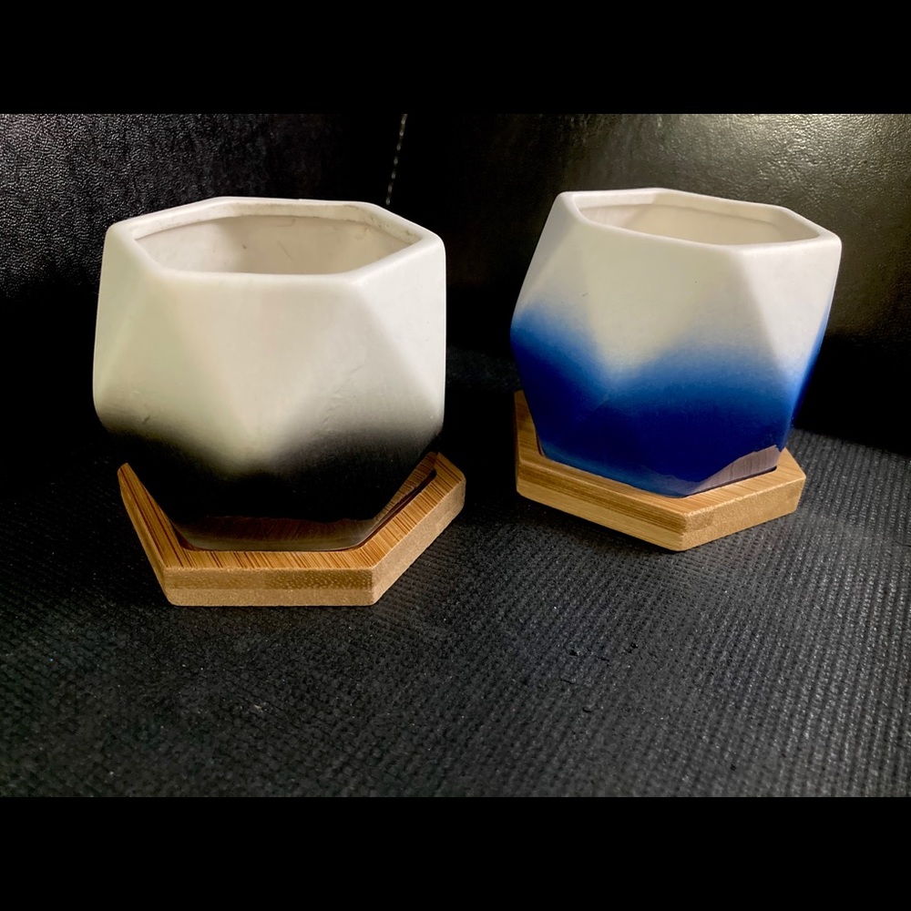 Geometric Colorful Ceramic Mini Planter Pots With Bamboo Saucer Set of 2 - Picture 1 of 6